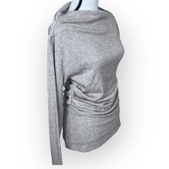 LOFT Womens Size Medium Ribbed Cowl Neck Long Sleeve Ruched Shirt Top Neutral - Picture 2 of 7